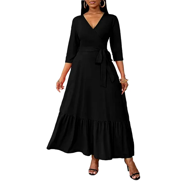 Flowy V‑neck maxi dress with pockets, tie belt, and tiered skirt