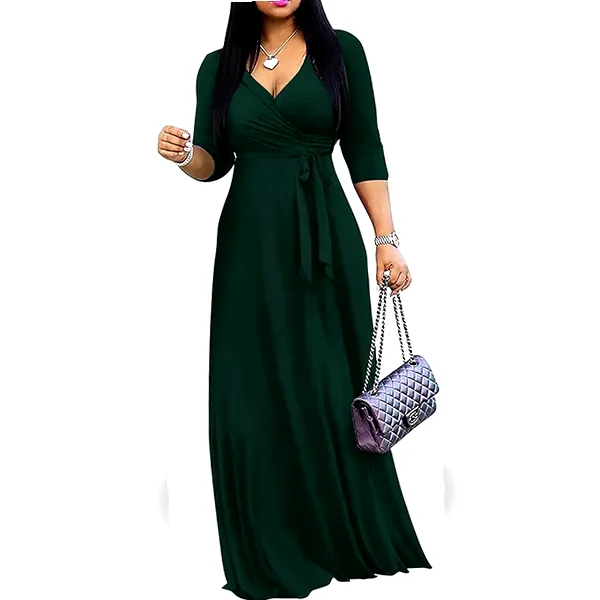 Solid bohemian V‑neck maxi dress with 3/4 sleeves, summer ready