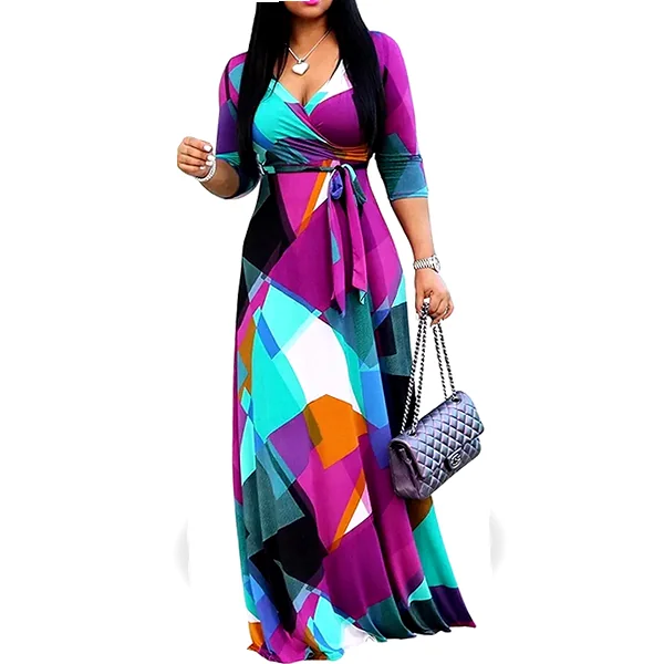 Floral V‑neck maxi dress with pockets and 3/4 sleeves, casual style