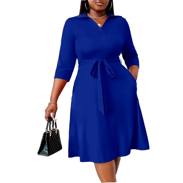 Printed plus‑size V‑neck midi dress with 3/4 sleeves, wedding guest ready